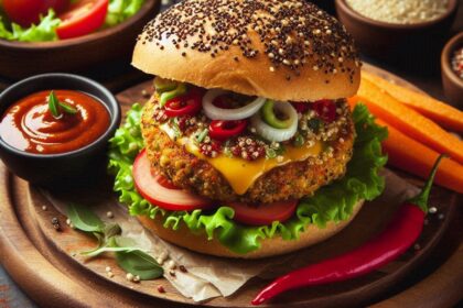 Burger vegetale di quinoa e fagioli neri, servito con insalata e salsa piccante